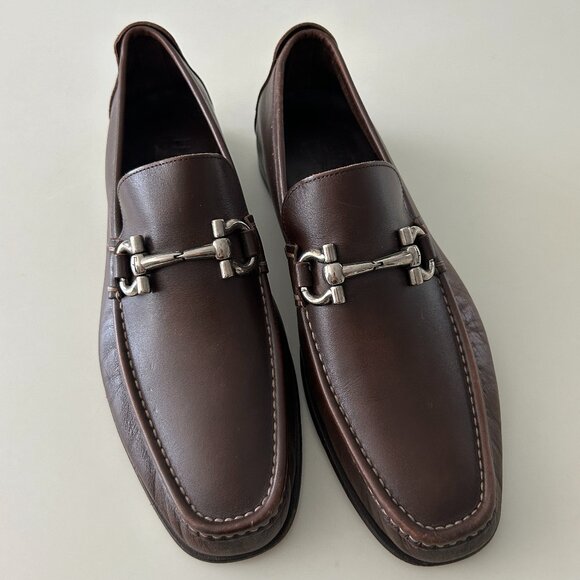 Mens Brown Leather Ferragamo Loafers Slip-Ons Designer Mens Shoes Sz 7.5 EE - Picture 1 of 16
